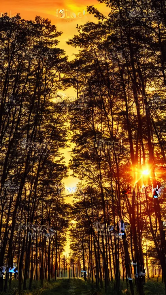 Image similar to beautiful sunset with tons of aligned trees, epic stock photo