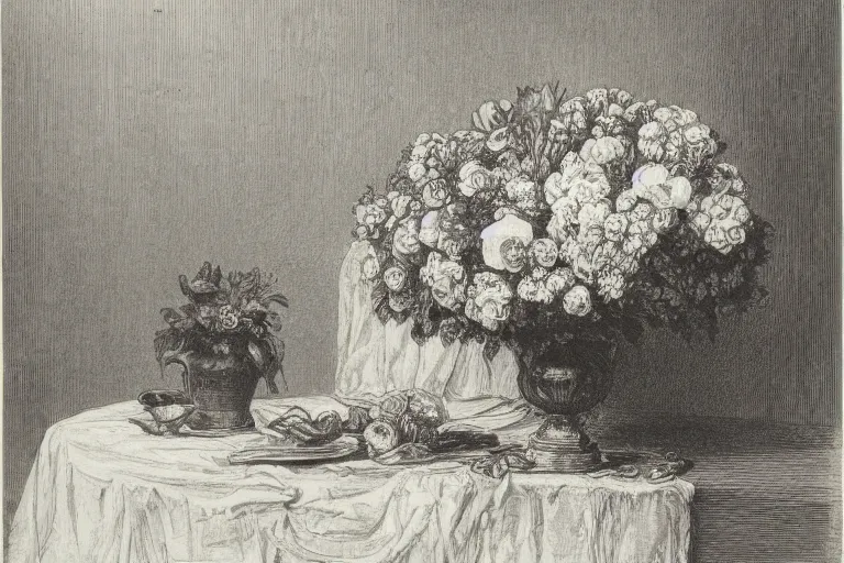 Image similar to black and white, flower bouquet at table in the dinner room, soft light, Gustave Dore lithography