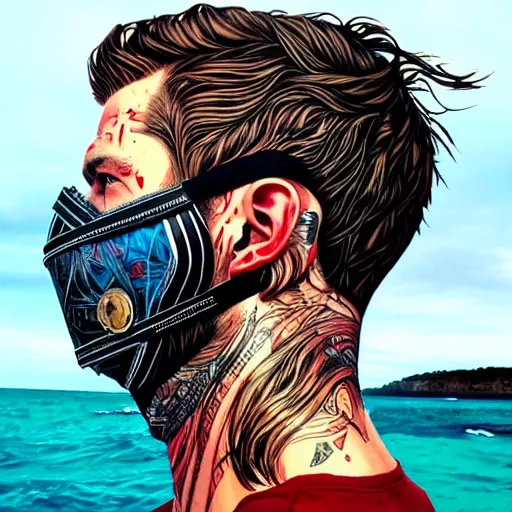 Prompt: a portrait of a back man with side profile blood in ocean intricate details :: side profile :: futuristic mask :: by vikings and Sandra Chevrier
