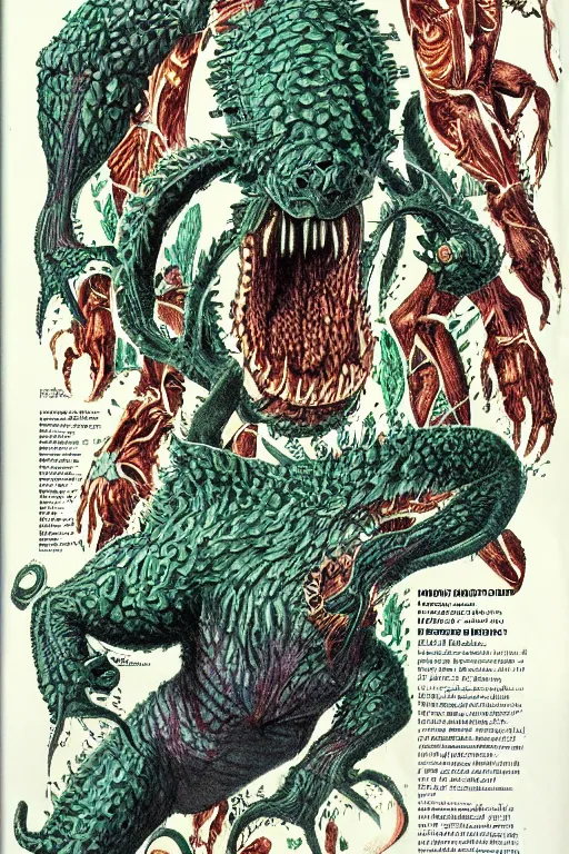 Prompt: biology textbook page, kaiju, 1990s, vintage, anatomy