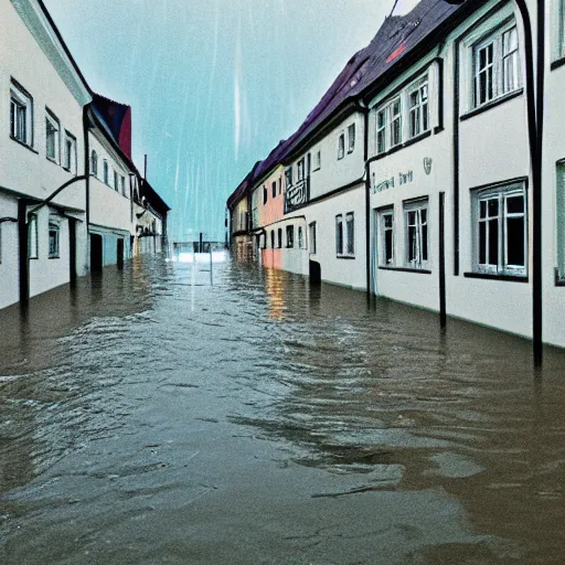 Prompt: vaporwave Album Art of a german town being flooded, retro, grainy, noisy