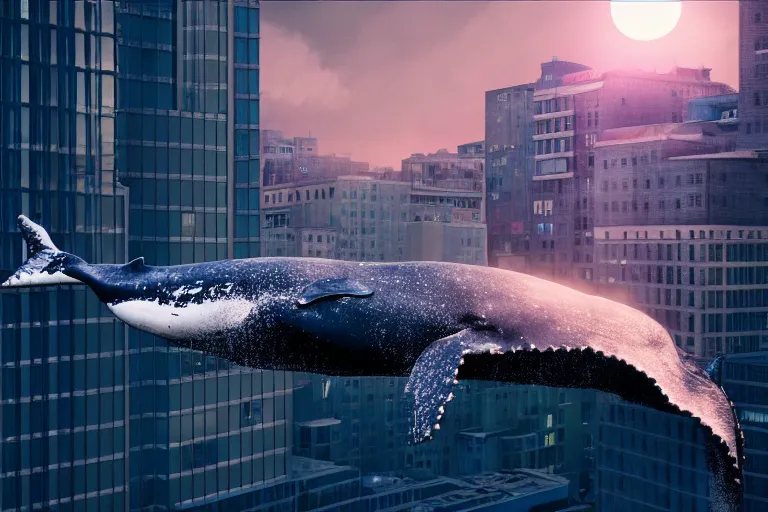 Prompt: whale flying over a building at night time, wearing fashion clothing, id magazine, hyperrealism, detailed textures, photorealistic, 3 d city, ultra realistic, cinematic, intricate, cinematic light, unreal engine 5, octane render, david kostic, artgerm