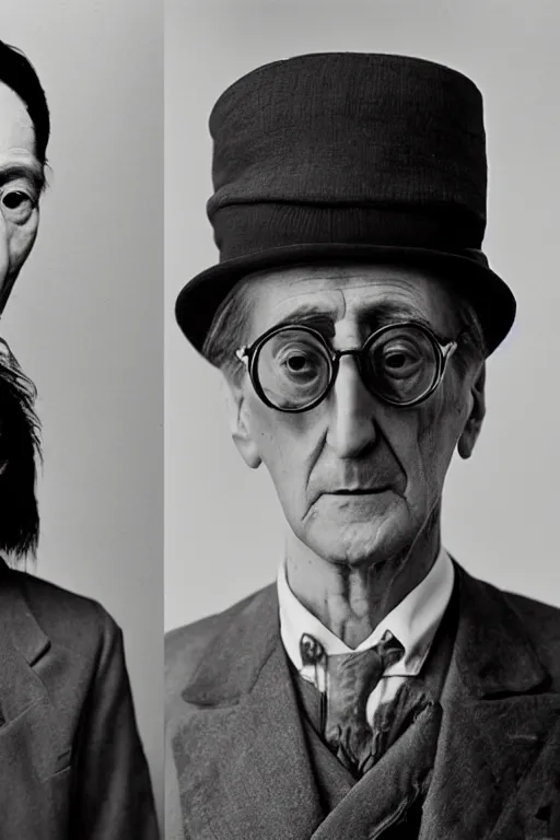 Prompt: a close-up portrait of a machine and Marcel Duchamp in the style of Hito Steyerl and Shinya Tsukamoto and Irving Penn and Robert Frank