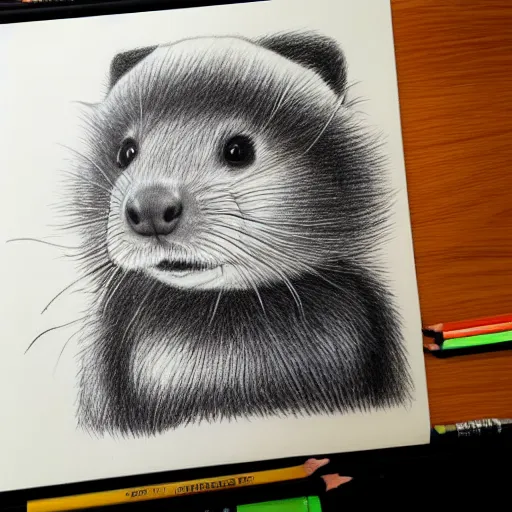 Image similar to A ferret wearing a bright green t-shirt, wearing black jeans, wearing a beanie, Pencil drawing, hyper-detailed, very realistic