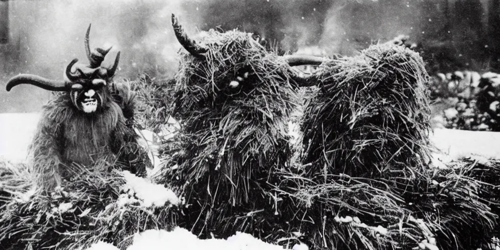 Image similar to 1 9 2 0 s photography of krampus hay monster burning on a pyre, submerged in snow