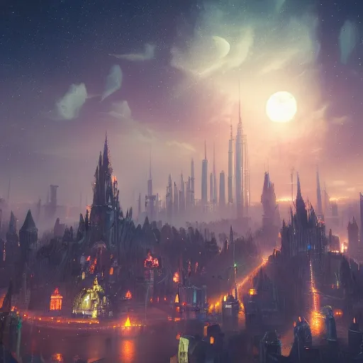 Image similar to fantasy city with many towers under a moonlit, starry sky, concept art, trending on art station, orange and teal color, cgsociety, octane render