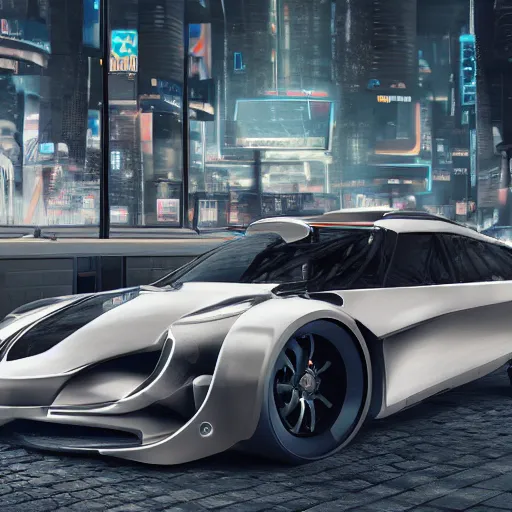 Image similar to shiny car of the future on blocks with wheels removed, high detail, 8 k render, trending on artstation, cyberpunk