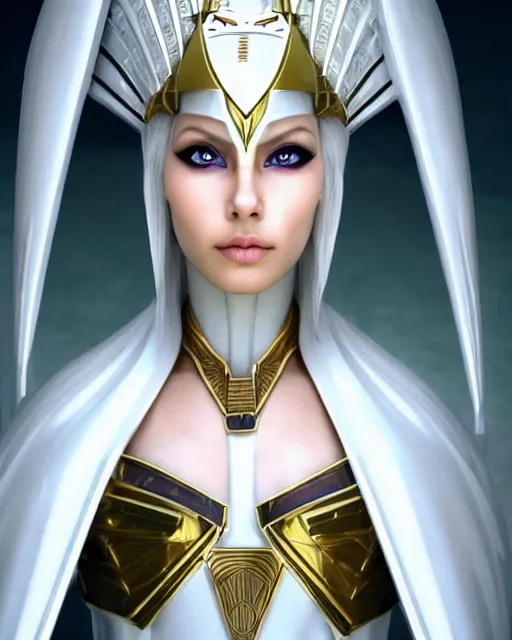 Image similar to perfect white haired attractive egyptian goddess, warframe armor, pharaoh headdress, beautiful, symmetric, dreamy, half asian, pretty face, green eyes, charlize theron, detailed, scifi platform, laboratory, experiment, 4 k, ultra realistic, epic lighting, android body, illuminated, cinematic, masterpiece, art by akihito tsukushi, voidstar