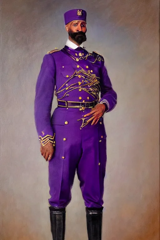 Prompt: full body portrait of the dictator of the sacramento kings, 1 8 8 9, in full military garb, purple, silver, oil on canvas by william sidney mount, trending on artstation