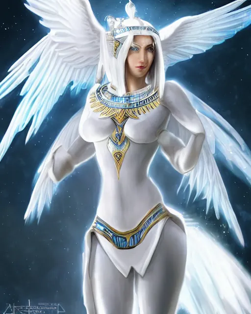 Image similar to perfect white haired attractive egyptian goddess with huge white dove wings, warframe armor, regal, ornate, beautiful, symmetric, dreamy, half asian, pretty face, blue eyes, detailed, scifi platform, laboratory, experiment, 4 k, ultra realistic, epic lighting, android body, illuminated, cinematic, masterpiece, art by akihito tsukushi, voidstar