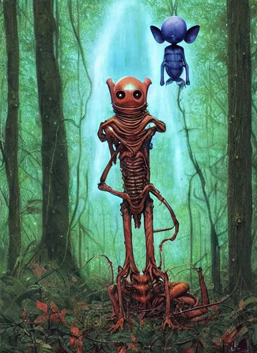 Image similar to cuddly friendly alien in the woods by a river gorgeous lighting, lush forest foliage blue sky a hyper realistic painting by chiara bautista and beksinski and norman rockwell and greg rutkowski, weta studio, and lucasfilm