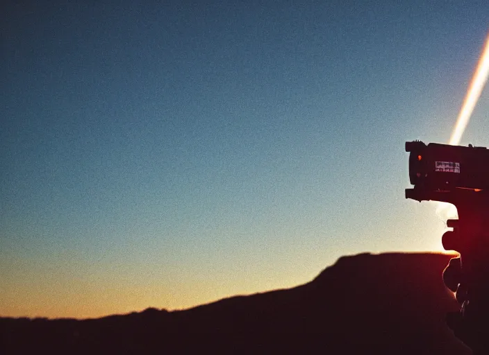 Image similar to a 3 5 mm photo of an alien spaceship firing blaster beams, bokeh, canon 5 0 mm, cinematic lighting, dramatic, film, photography, golden hour, depth of field, award - winning, 3 5 mm film grain