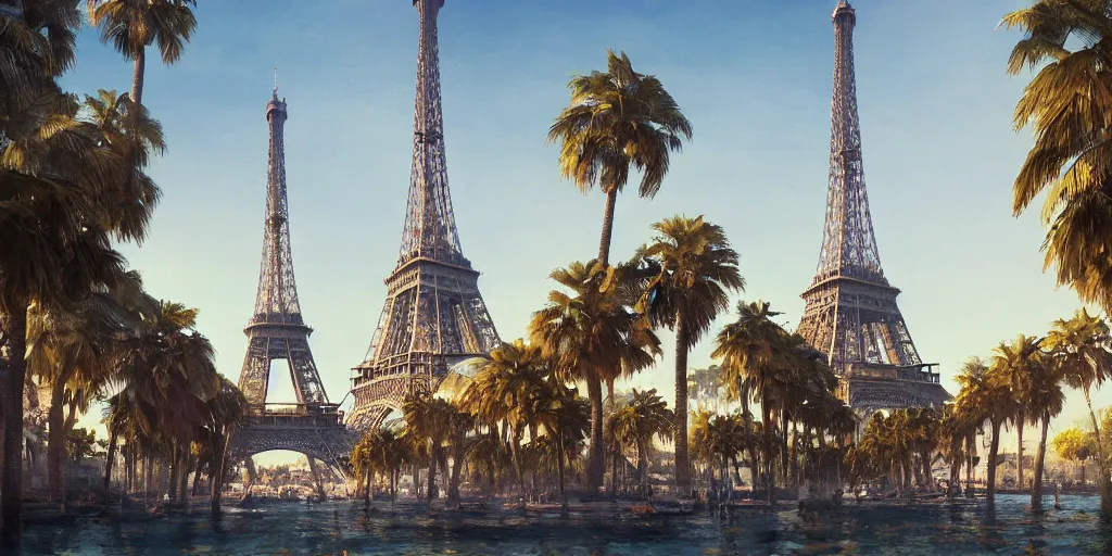 Prompt: beautiful landscape of the wonderful city of paris built in california, amazing sunny weather, eiffel tower next to the beach, palm trees, splendid haussmann architecture, digital painting, highly detailed, intricate, craig mullins, greg rutkwowski, matte painting, trending on artstation