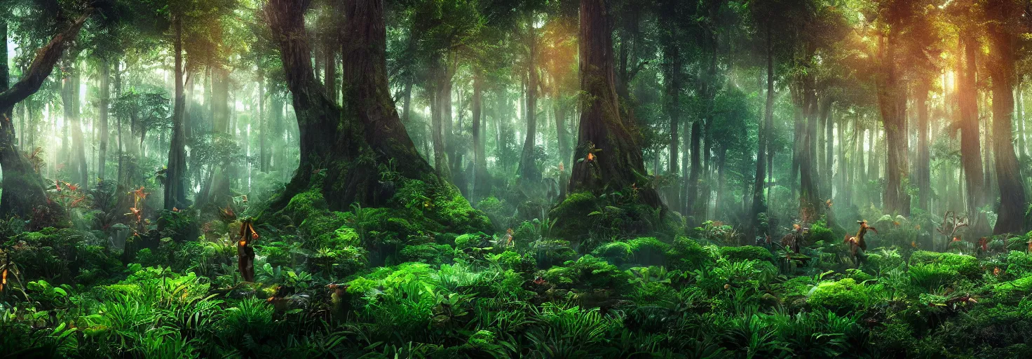 Image similar to a forest with glowing plants, wide shot, cinematic, ultra realistic, ultra detailed, in style of avatar movie