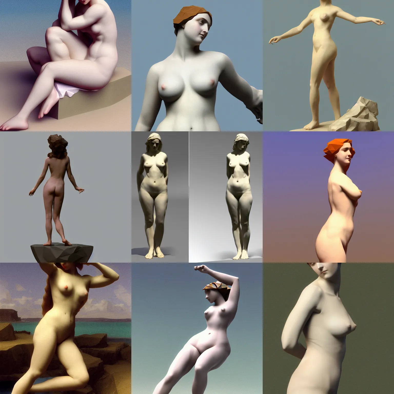 Prompt: 3d low-poly high-light edge edged polygonal blender figure of the Bather by Bouguereau