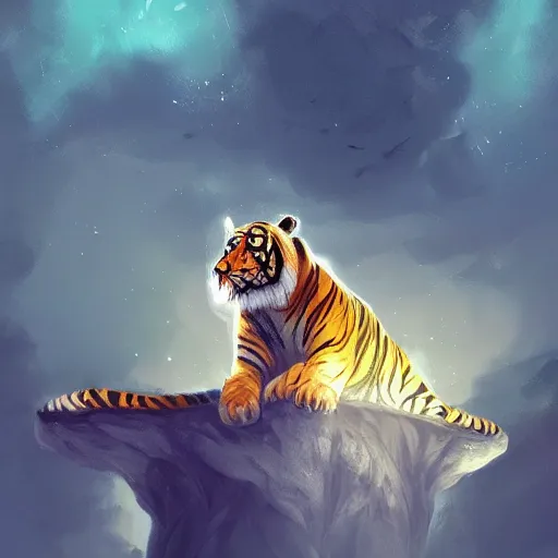 Image similar to 🐯✨🌙, concept art, digital painting, trending on artstation deviantart, 8K UHD, fantasy