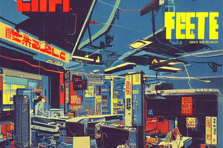 Image similar to 1979 Popular science Magazine Cover of a tv repair shop in neo-Tokyo in cyberpunk soviet style by Vincent Di Fate