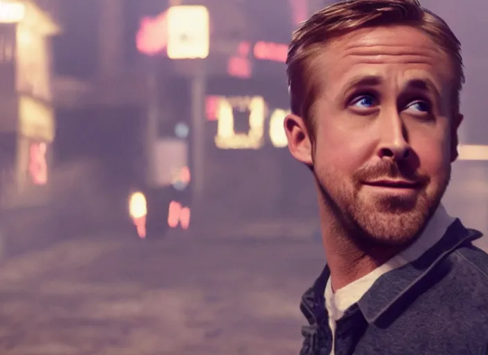 Image similar to ryan gosling in a fight with ant aliens, still from horror movie, movie shot, extremly high quality, uhd, 4 k, cinematic lighting