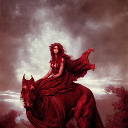 Image similar to a masterpiece! photographic portrait of a scarlet - colored beast with seven ( 7 ) heads and ten ( 1 0 ) horns by gustave dore and stephen hickman and allen williams, trending on artstation, cgsociety, 8 k hd, earthtone colors, a cloaked woman riding the back of the beast