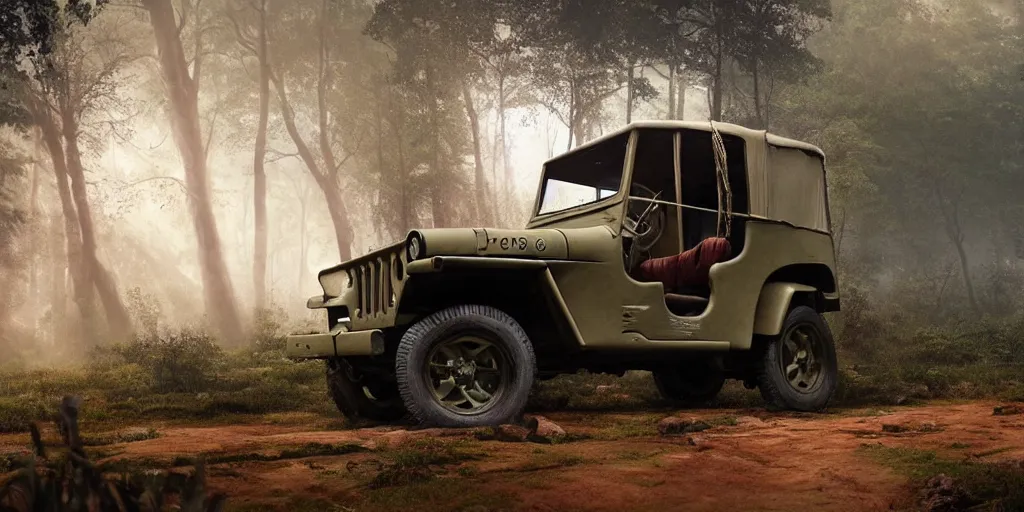 Image similar to willys jeep, in kerala forest road in 1921, chasing action scene, an epic fantasy, dramatic lighting, cinematic, establishing shot, extremely high detail, photorealistic, cinematic lighting, matte painting, artstation, by simon stalenhag, shadow of the tomb rider