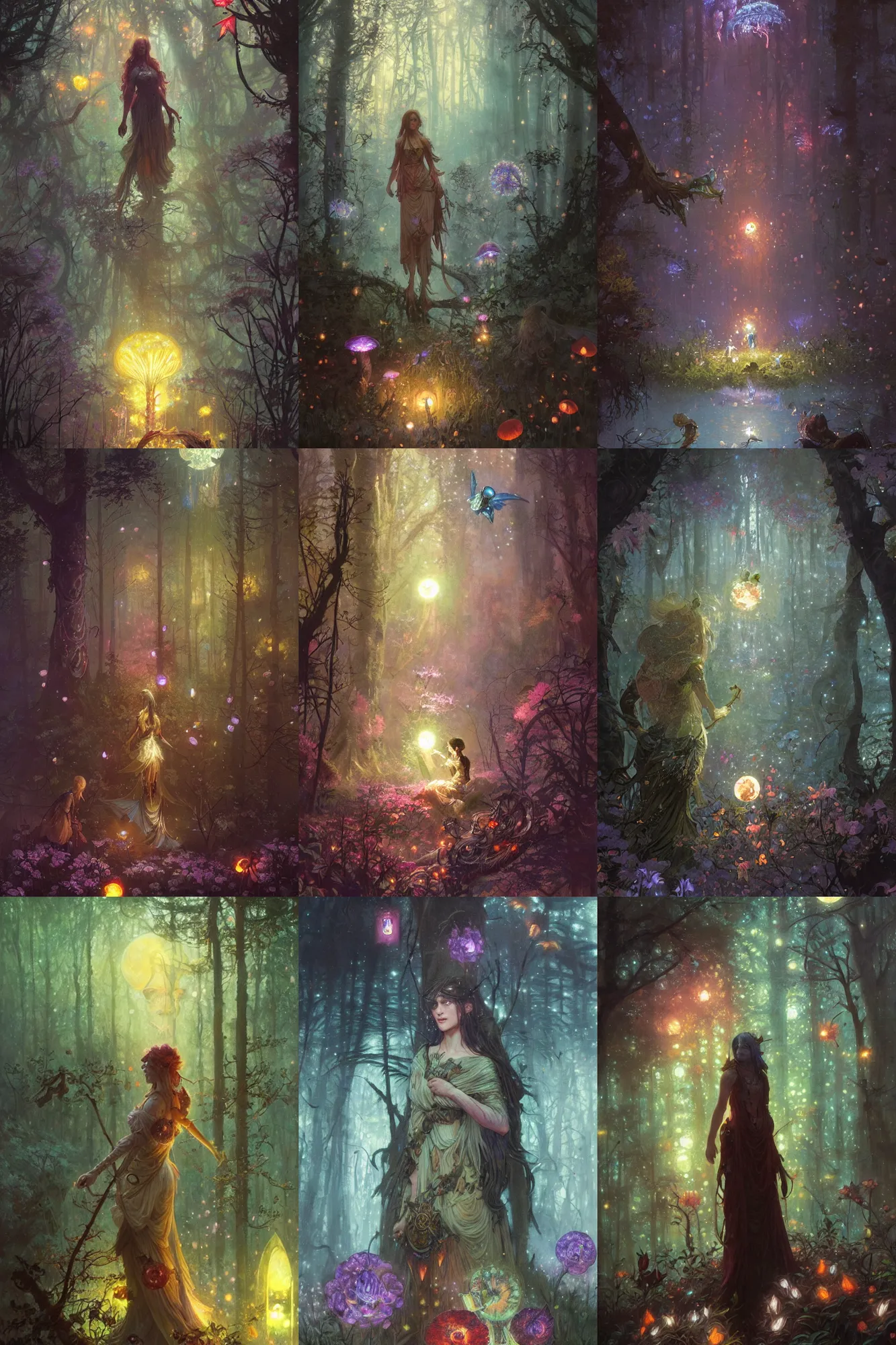 Prompt: epic fantasy, old dark forest, moon, night, mushrooms, flowers, magic, colorful lights, fireflies, detailed illustration, hd, 4k, overdetailed art, by greg rutkowski, by Alfons Mucha, complementing colors