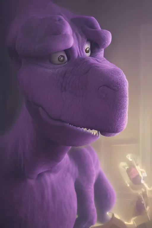 Prompt: barney the dinosaur in a dim purple lit room, melancholy, smoky, oil on canvas, intricate, portrait, 8 k highly professionally detailed, hdr, cgsociety