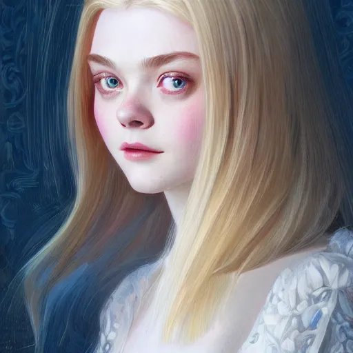 Prompt: portrait of Elle Fanning, looking at camera, D&D, intricate, elegant, stylish, cute smile, mouth slightly open, fantasy, extremely detailed, digital painting, artstation, concept art, smooth, sharp focus, illustration, stunning lighting, art by artgerm and greg rutkowski and alphonse mucha and simon stalenhag.