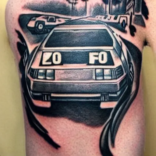 Image similar to a tattoo of delorean from back to the future,