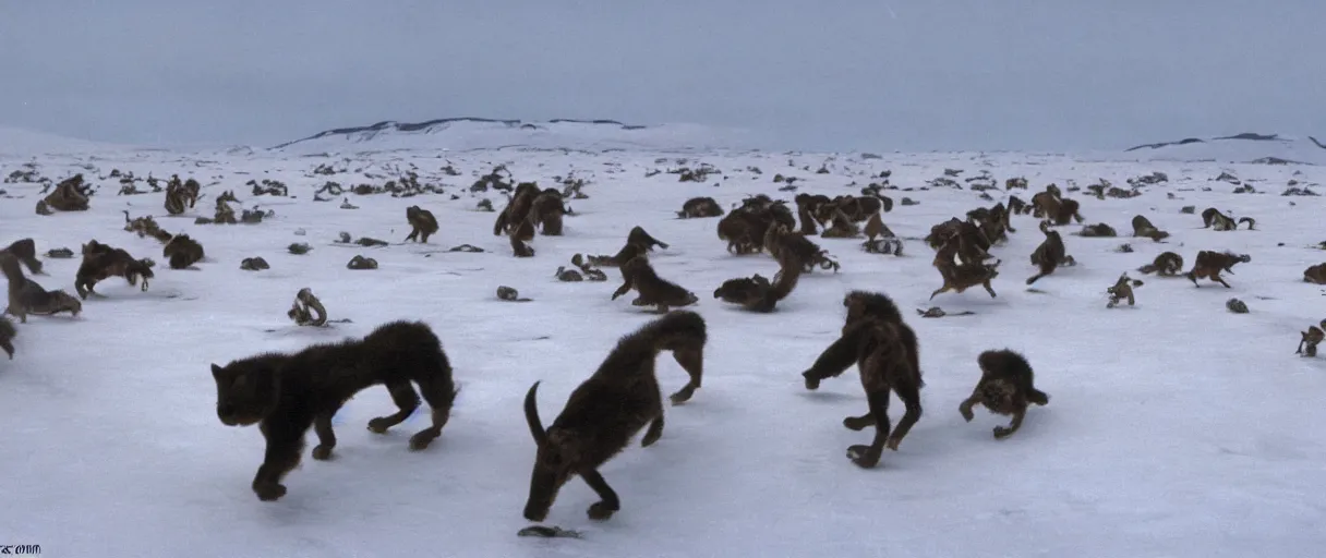 Image similar to filmic extreme wide shot movie still 4 k uhd interior 3 5 mm film color photograph of a bunch of creatures running around mcmurdo station in antartica