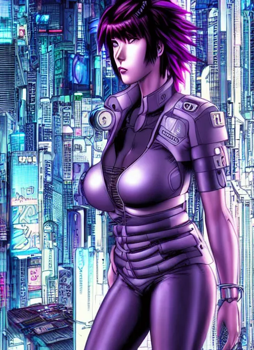 Image similar to motoko kusanagi in grungy cyberpunk megacity, intricate and finely detailed, cyberpunk vaporwave, portrait by j scott campbell