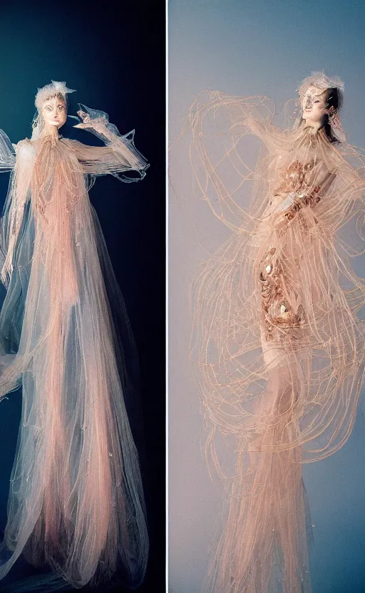 Image similar to Fashion photography of a woman wearing a Gucci dress inspired by a jellyfish, artistic photography, insanely detailed, chiaroscuro, cinestill 800t, Vogue magazine