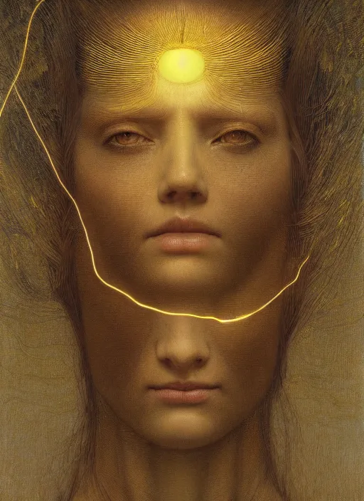 Prompt: Woman masterpiece, beautiful eyes, yellow, golden halo behind her head, wires everywhere, by Edgar Maxence and Ross Tran, Zdzisław Beksiński, and Michael Whelan, distant, gustav dore, H.R. Giger, 8k, octane render