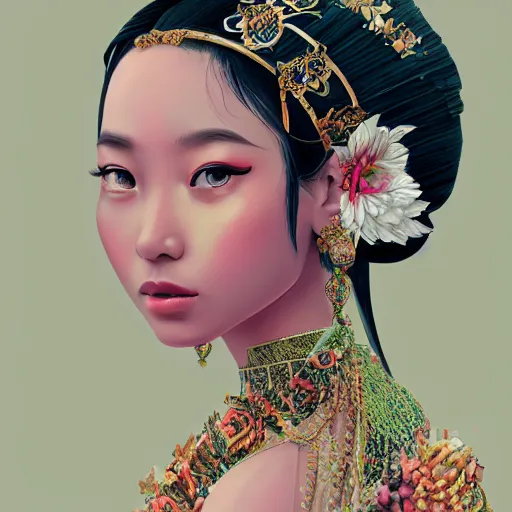 Image similar to a stunning artstation style portrait painting of a beautiful bali princess by kittichai rueangchaichan, in the style of WLOP, floralpunk, Artstation, intricate details, cinematic lighting, pristine clean design, realistic, irresistable, insanely detailed