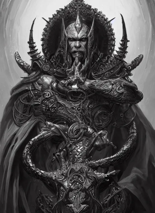 Prompt: full portrait of priest - king of the old gods, black metal shiny skin. intricate, elegant, highly detailed, centered, digital painting, artstation, concept art, smooth, sharp focus, illustration, artgerm, joseph christian leyendecker, wlop, frank frazetta