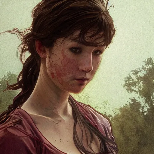 Image similar to Sarah from TLOU, highly detailed, digital painting, artstation, concept art, smooth, sharp focus, illustration, ArtStation, art by artgerm and greg rutkowski and alphonse mucha and J. C. Leyendecker and Edmund Blair Leighton and Katsuhiro Otomo and Geof Darrow and Phil hale and Ashley wood and Ilya repin and Charlie Bowater