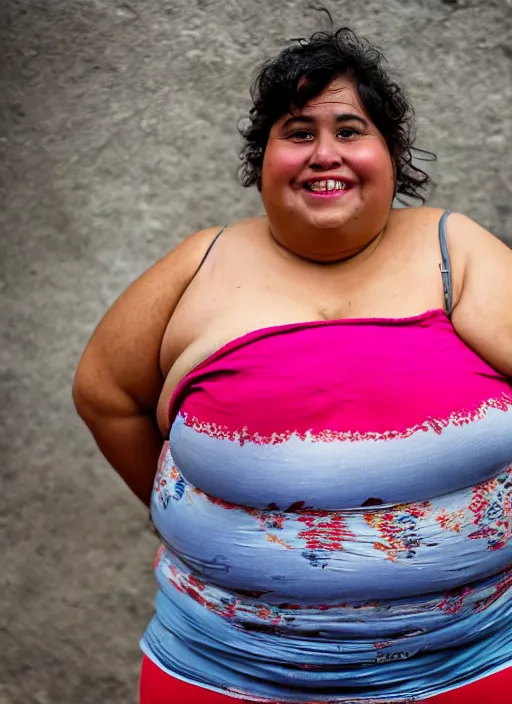 Image similar to close up portrait of a beautiful, chubby, 30-year-old Cuban woman, happy, candid street portrait in the style of Martin Schoeller, award winning, Sony a7R