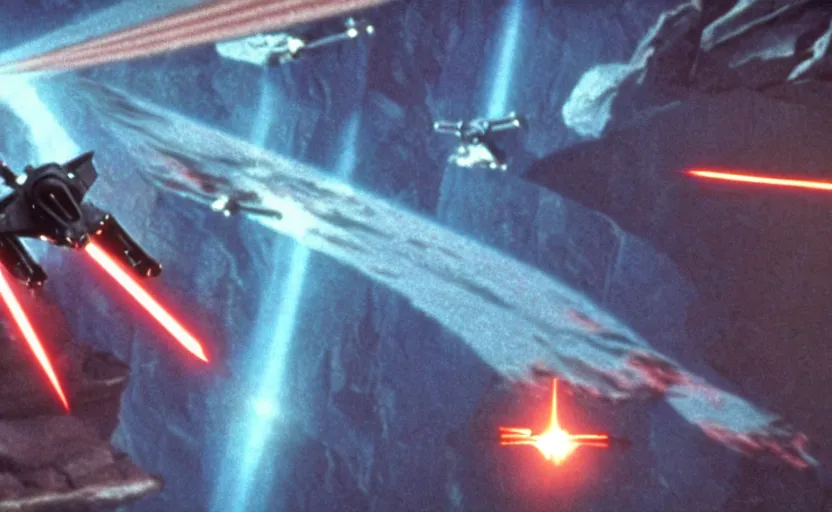 Image similar to iconic cinematic screen shot of scene x wing dogfighting tie fighters over waterfall canyon planet, from the action packed scene from the 1 9 7 0 s star wars sci fi film by stanley kubrick, glowing lasers, kodak film stock, anamorphic lenses 2 4 mm, lens flare, iconic cinematography, award winning