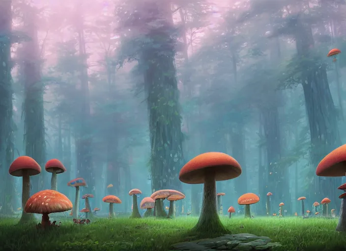 Image similar to an ultra detailed matte landscape of a giant mushroom forest, carmine birds, detailed, cory loftis, james gilleard, tomasz alen kopera, goro fujita, studio ghibli, rim light, exquisite lighting, clear focus, very coherent, plain background, soft painting