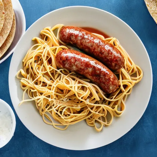 Prompt: photograph of a dish made with sausage, pasta and tacos