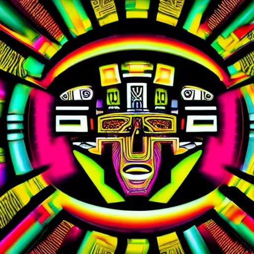 Prompt: hyperdetailed portrait of a aztec futurism punk robot head, 8 k, symetrical, flourescent colors, halluzinogenic, multicolored tshirt art, black background