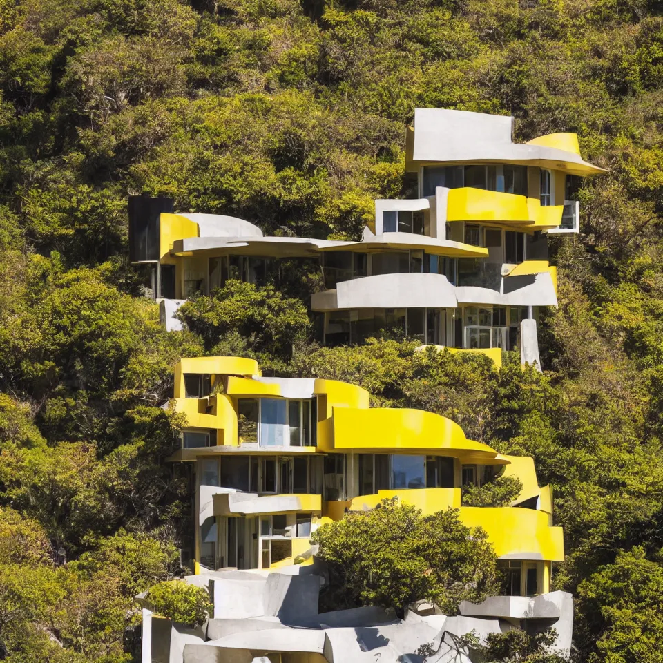 Image similar to a mid-century modern house on top of a cliff, designed by Frank Gehry. Big tiles. Small wooden pathway . Film grain, cinematic, yellow hue