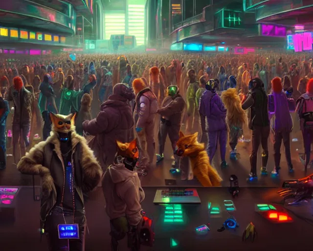 Image similar to high - resolution photograph from a cyberpunk era furry fandom convention ( midwest furfest 2 0 4 7 ), taking place after the genetic revolution and singularity. photorealistic.