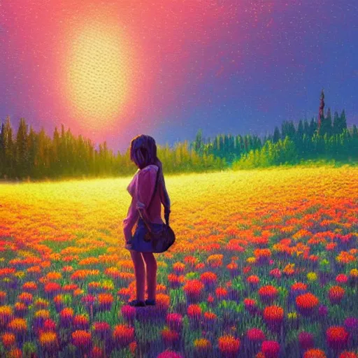 Image similar to girl with singular flower as a face, flower field, big trees, sunrise dramatic light, impressionist painting, colorful clouds, digital painting, pointillism, artstation, simon stalenhag