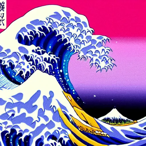 Prompt: vaporwave great wave of kanagawa, outrun, 90s style