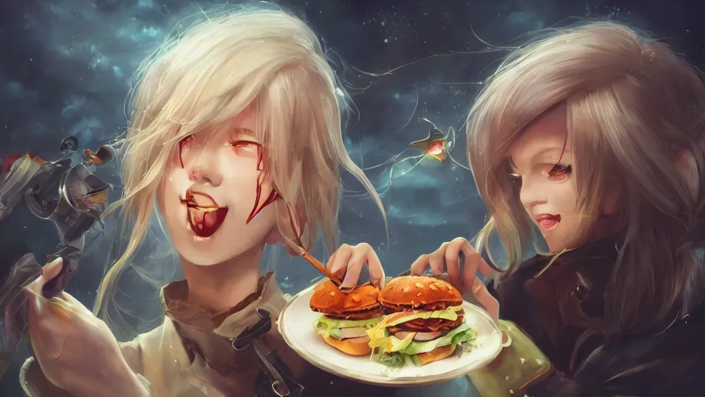 Prompt: waifu eating borgar , fantasy artwork, award winning, very very very very very very very beautiful, artstation