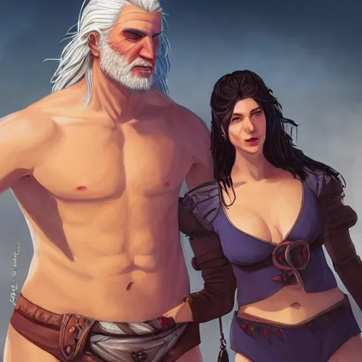 Prompt: Portrait of Geralt of Rivia and Yennefer of Vengerberg in bathing suits at the beach, character design, fantasy, cartoon, bright atmospheric lighting, highly detailed, ArtStation, trending on ArtStation, by Matthew Orders