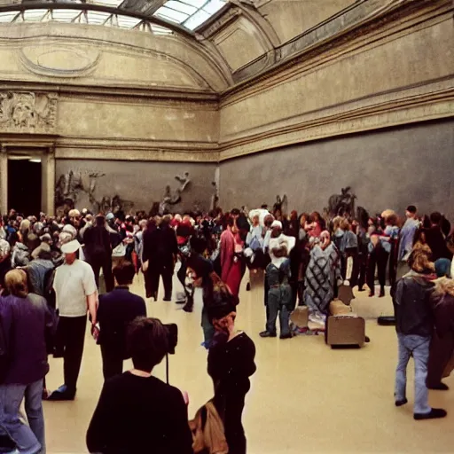 Prompt: exhibition of A.I. in the museum of louvre, crowd of robotics and mutant, ektachrome