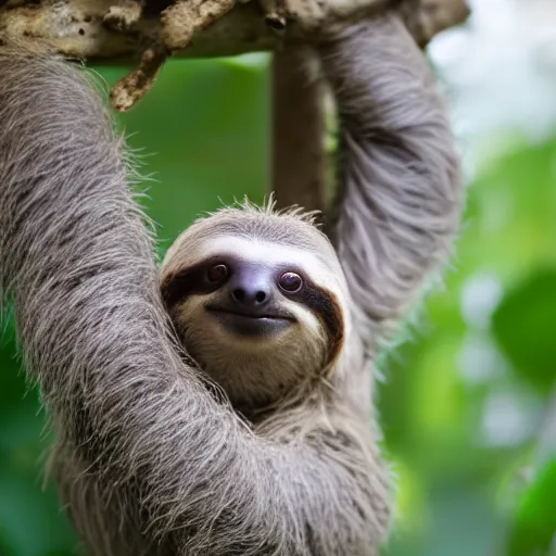 Image similar to baby cute sloth looking at the camera, most cute realistic animal in the world, best photo award, high quality 8 k, cinematic lighting