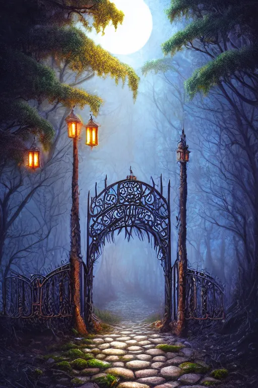 Image similar to a beautiful digital illustration painting of a detailed gothic fantasy fireflies forest trees and iron gate cobblestone pathway vines full moon by justin gerard, james gurney, 8 k resolution trending on artstation concept art digital illustration