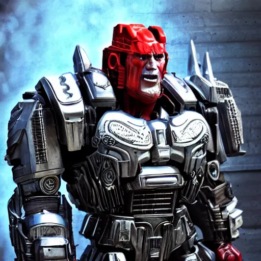 Image similar to portrat of donald trump! as optimus prime in ( gears of war ), transformers, splash art, maga!, patriot!, movie still, detailed face, photorealistic facial features, cinematic lighting, dramatic, octane render, long lens, shallow depth of field, bokeh, anamorphic lens flare, 8 k, hyper detailed, 3 5 mm film grain